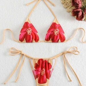 Floral Bikini Set - Red and Tan